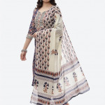 Blue and off white printed unstitched dress material